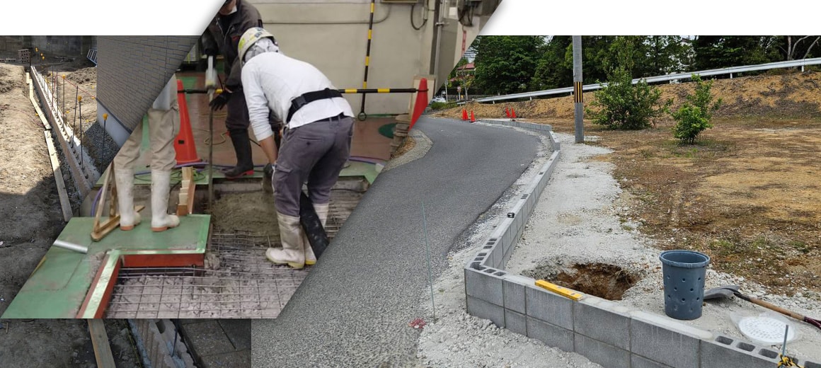 職人によるコンクリート打設、道路の舗装工事など、多岐にわたる外構・土木工事の施工写真